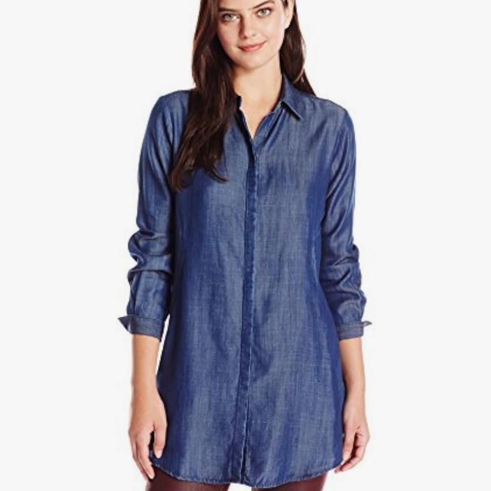Foxcroft Women's Long Sleeve Cici Tencel Denim Blue Button Down Tunic Shirt